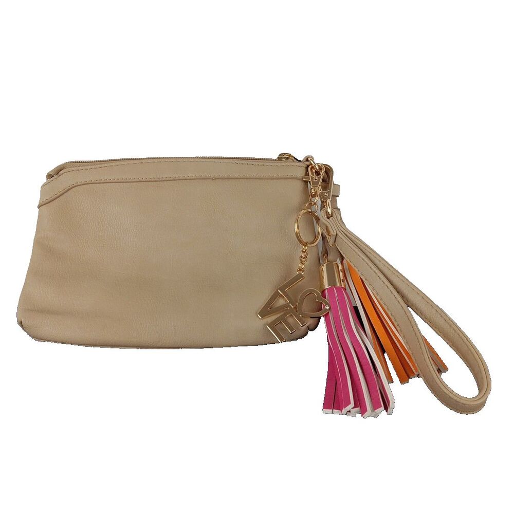 Charming Charlie Wristlet Small Tassel Tan Faux Pebble Leather Gold Hardware